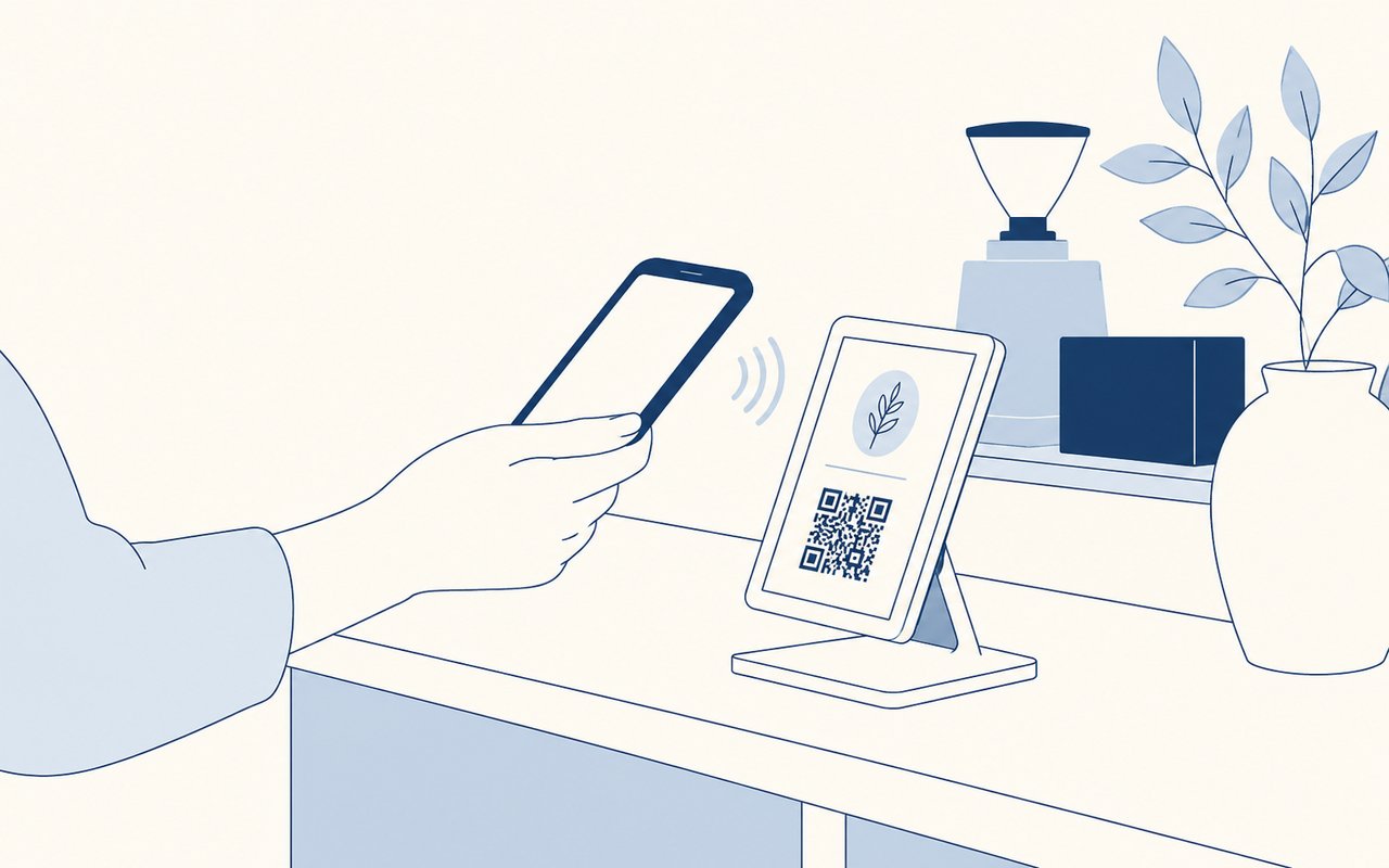 スマホを電子ペーパーサイネージにかざすイラスト