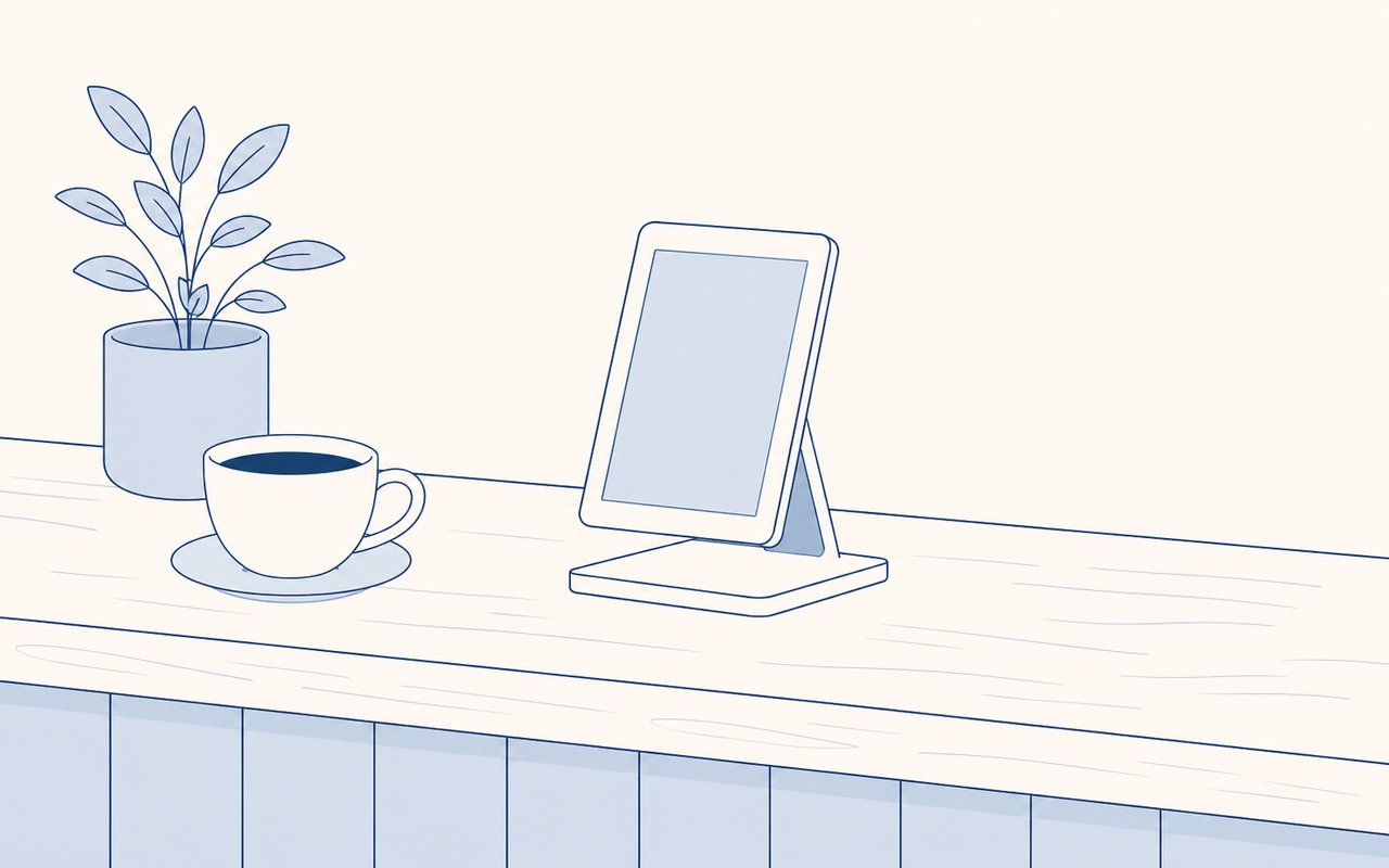 カウンターに置かれた電子ペーパーサイネージのイラスト